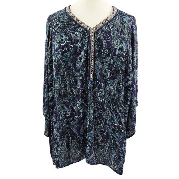 Catherines Purple Paisley Beaded Embellished Collar Flare Sleeve Blouse Boho - Picture 1 of 8
